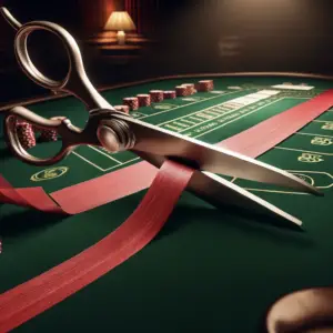 scissors cutting red tape over a casino table