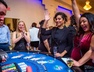 Players cheering around a blackjack table