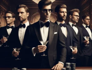 men in tuxedos standing with martinis