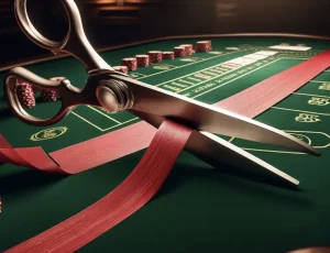 scissors cutting red tape over a casino table