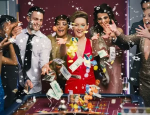 party guests celebrating a casino-themed 21st birthday